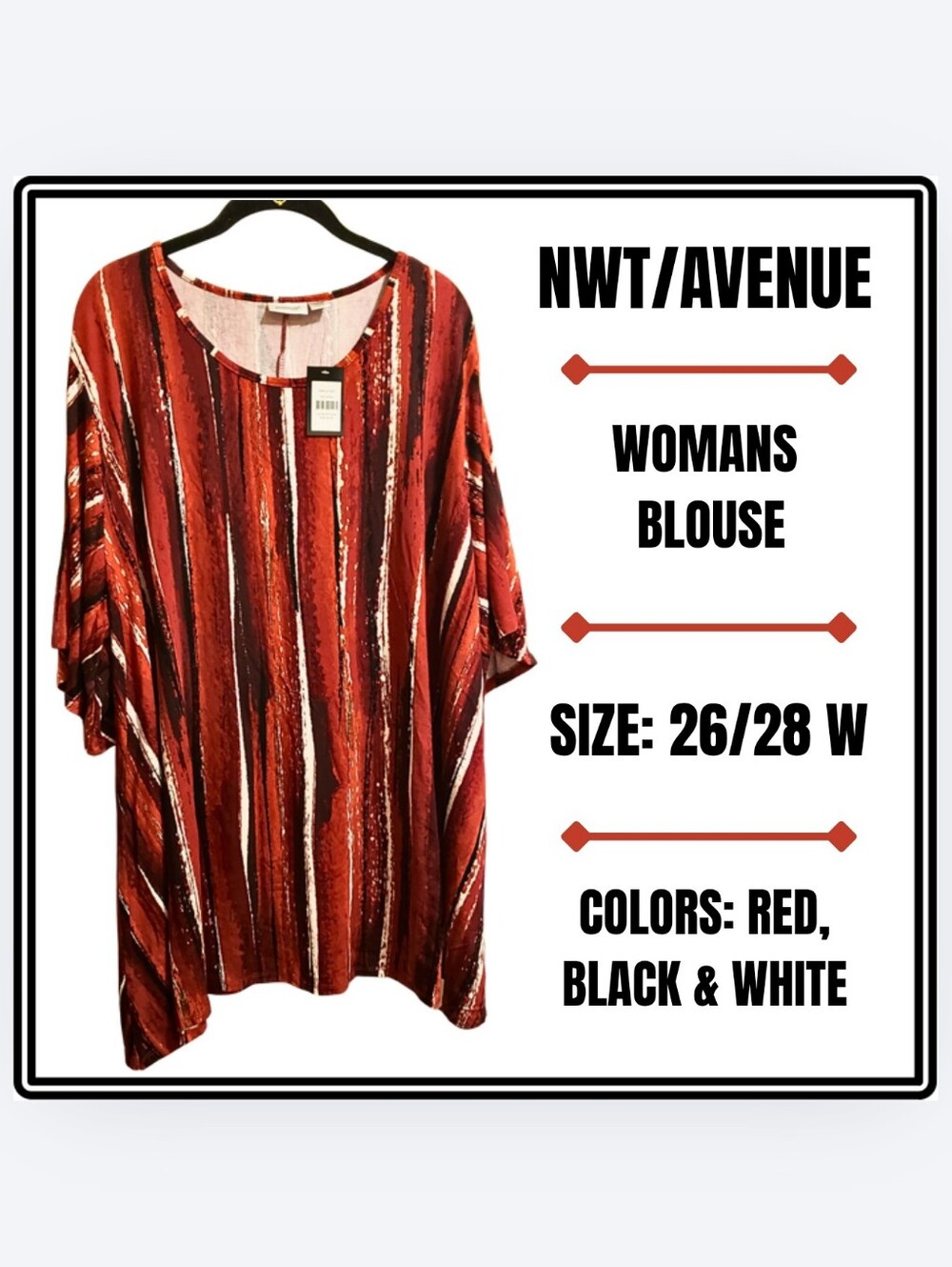 NWT / AVENUE / Red, Black & White Striped Women's Blouse / 26-28